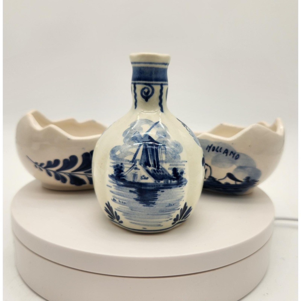 Vintage Delft Holland Miniature Vase‎ & Bowl Set Windmill Floral Hand Painted
